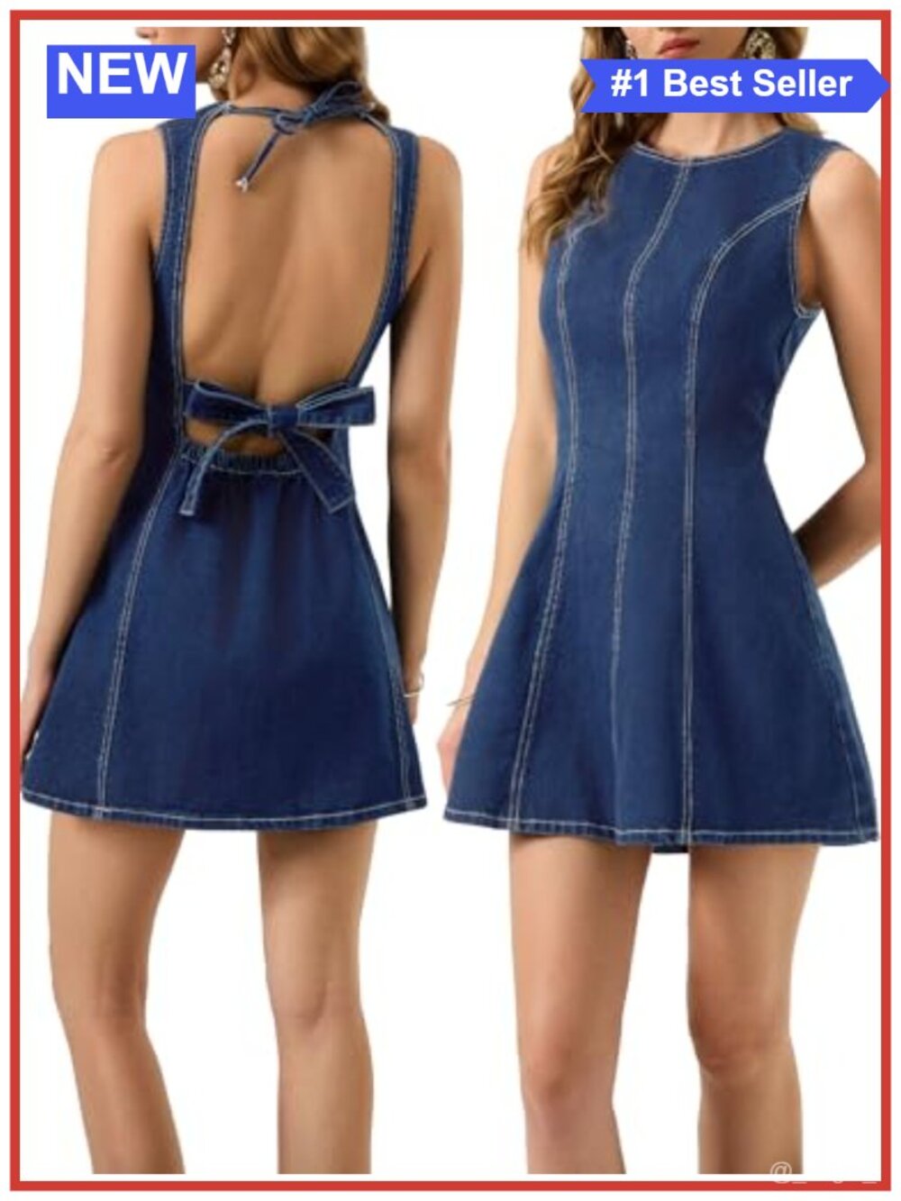 Sleeveless Backless A-Line Denim Dress with Bow Tie Detail, Stretchy Jean Dress
